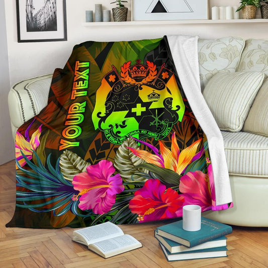 Tonga Polynesian Personalised Premium Blanket -  Hibiscus and Banana Leaves