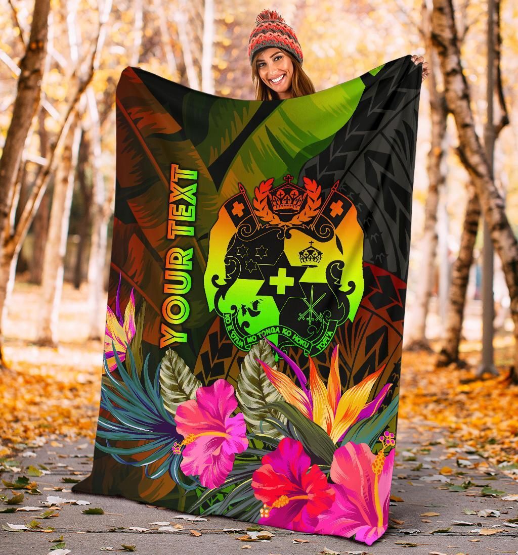 Tonga Polynesian Personalised Premium Blanket -  Hibiscus and Banana Leaves