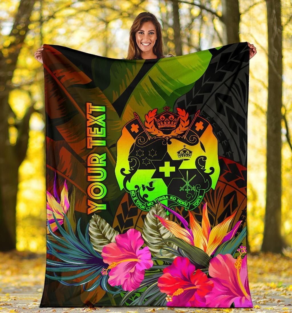 Tonga Polynesian Personalised Premium Blanket -  Hibiscus and Banana Leaves