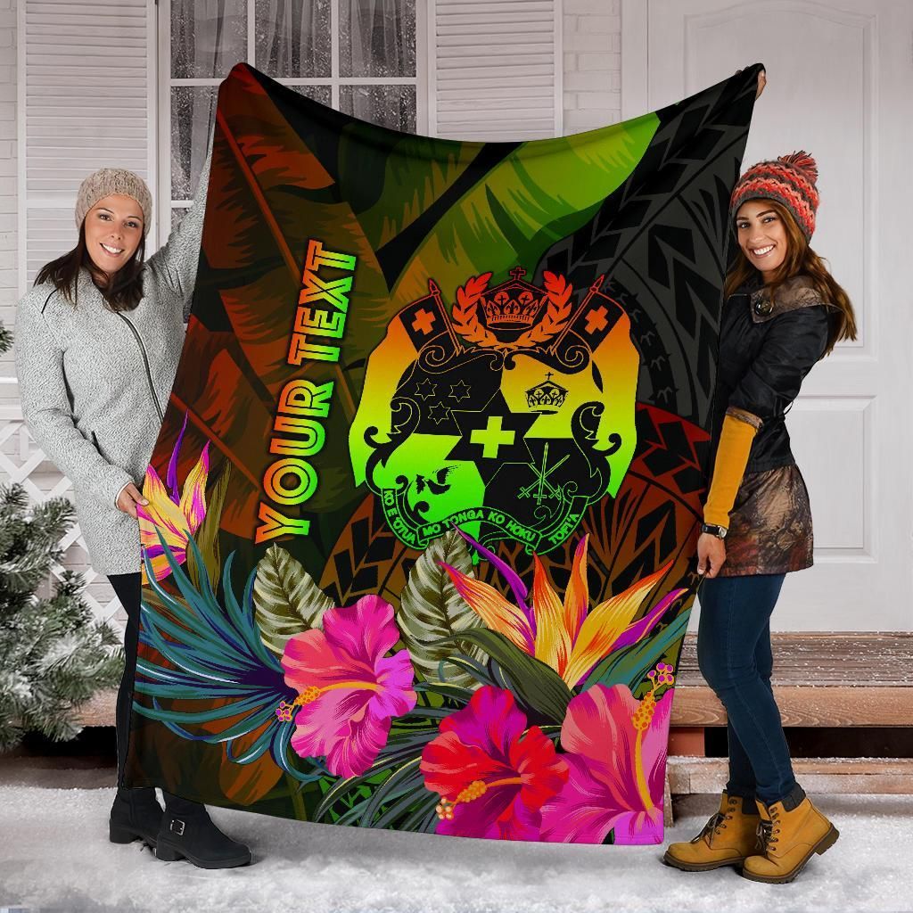 Tonga Polynesian Personalised Premium Blanket -  Hibiscus and Banana Leaves