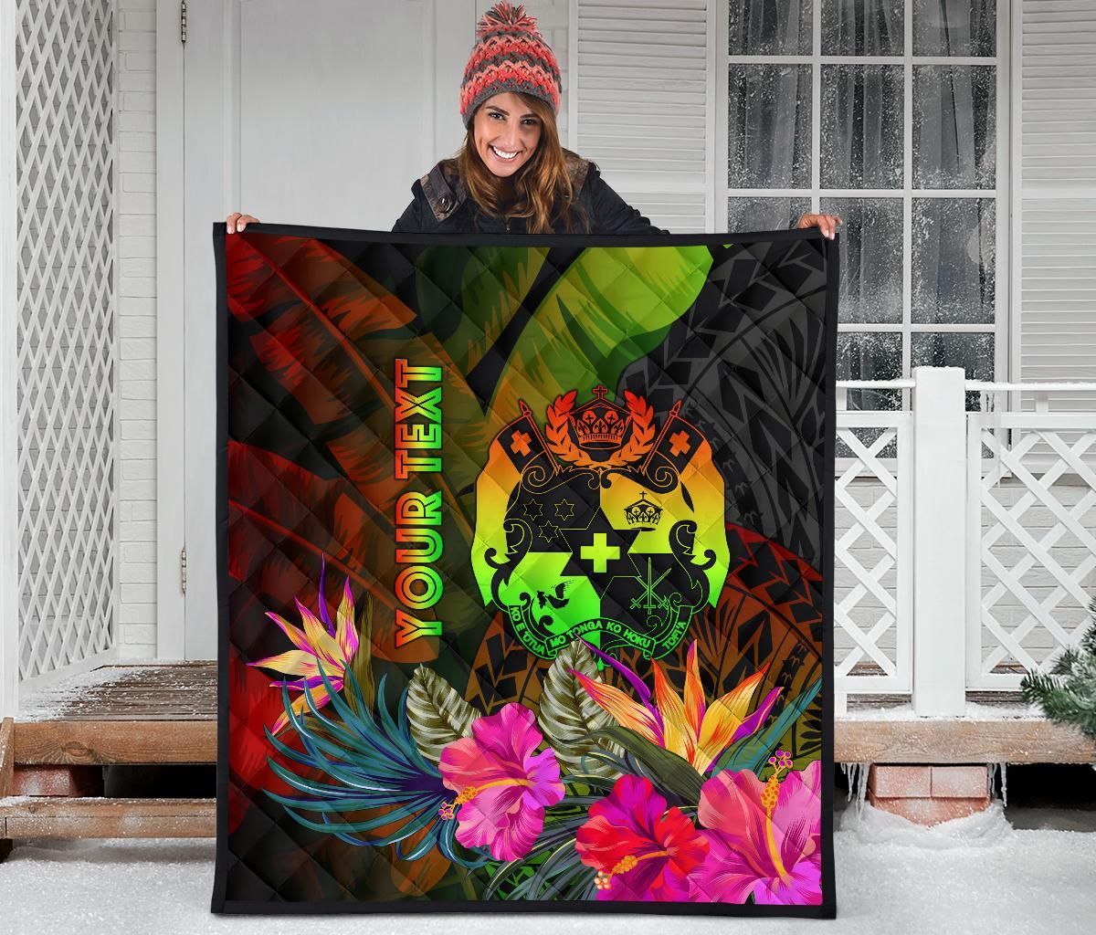 Tonga Polynesian Personalised Premium Quilt -  Hibiscus and Banana Leaves