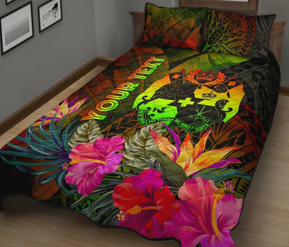 Tonga Polynesian Personalised Quilt Bed Set - Hibiscus and Banana Leaves