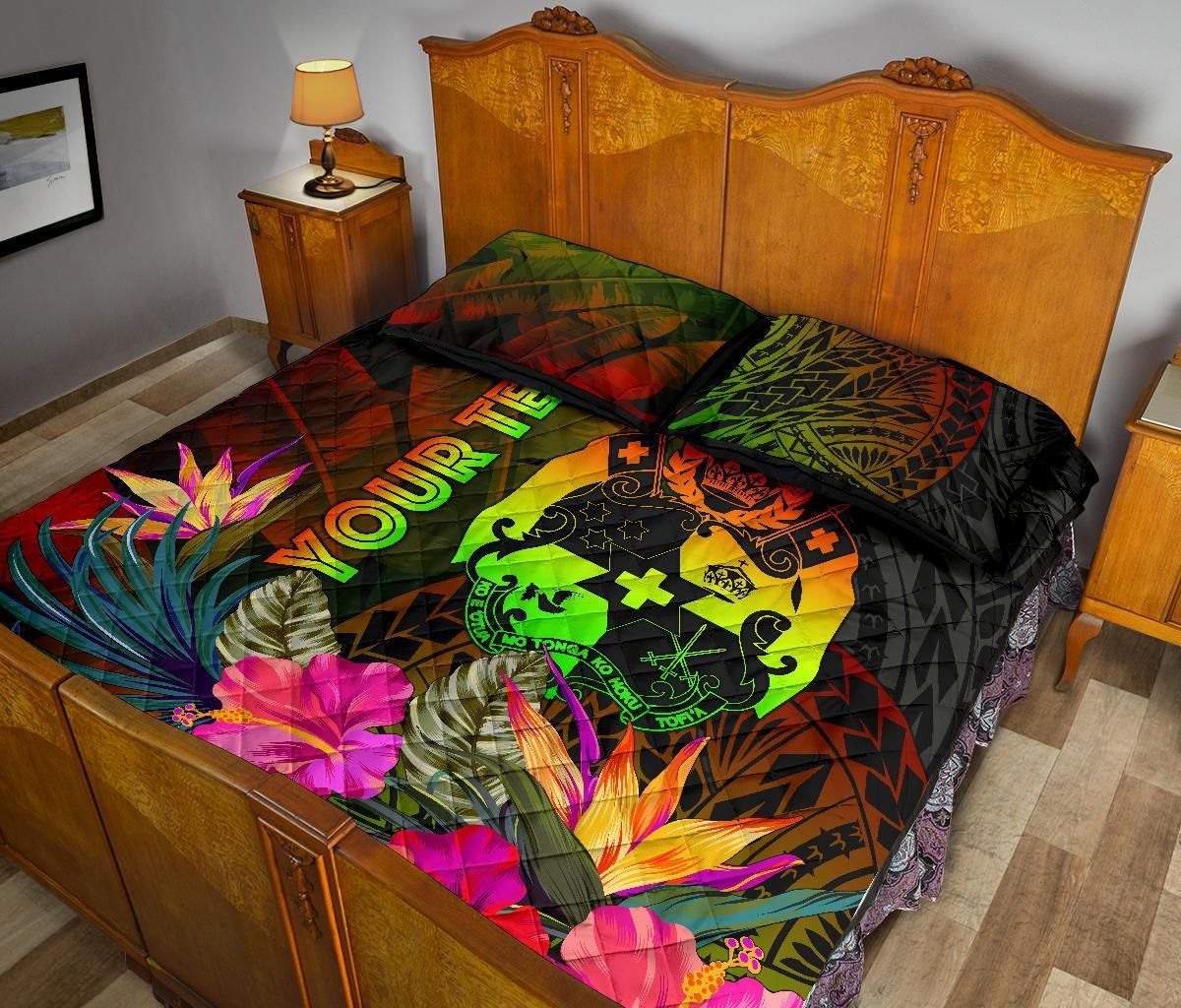 Tonga Polynesian Personalised Quilt Bed Set - Hibiscus and Banana Leaves