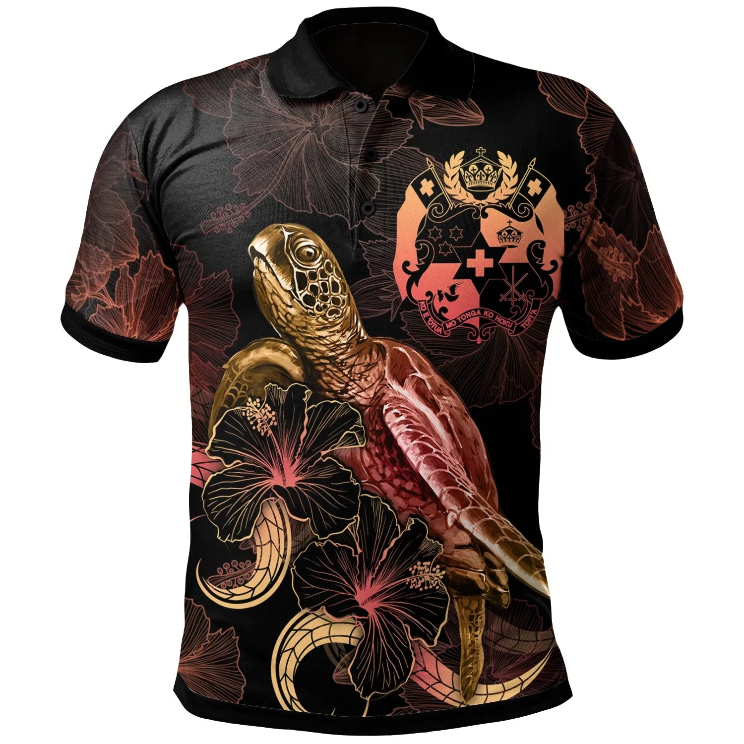 Tonga Polynesian Polo Shirt - Turtle With Blooming Hibiscus Gold