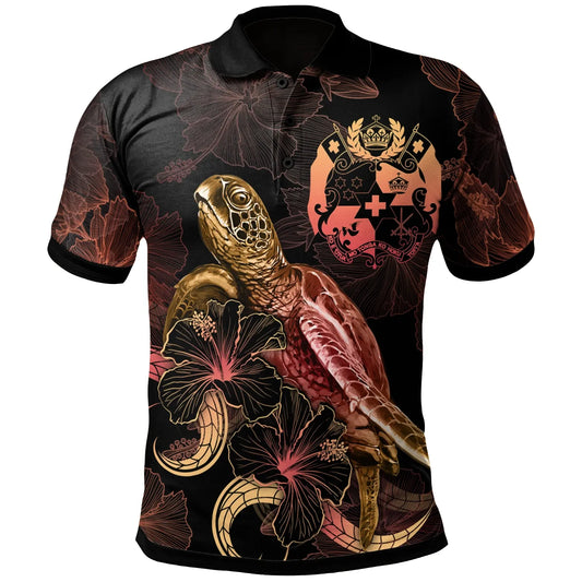 Tonga Polynesian Polo Shirt - Turtle With Blooming Hibiscus Gold