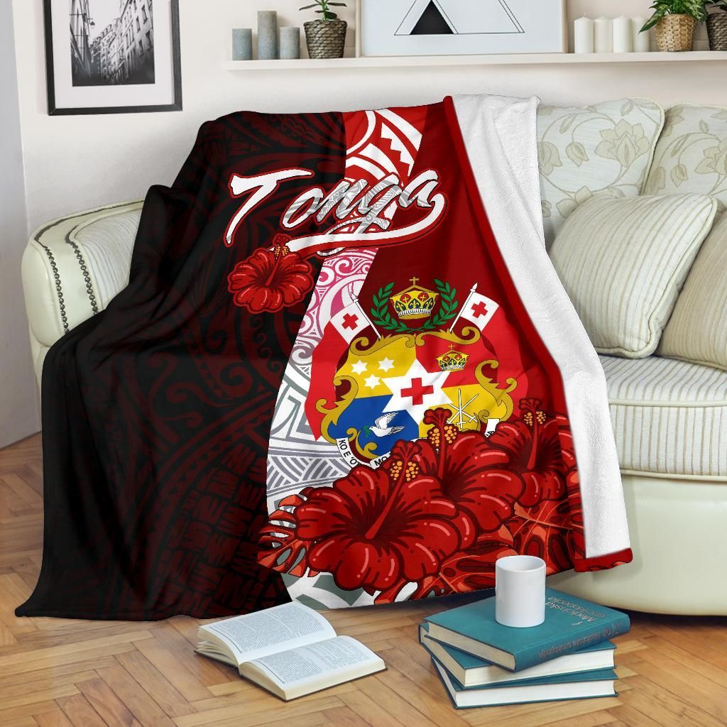 Tonga Polynesian Premium Blanket - Coat Of Arm With Hibiscus