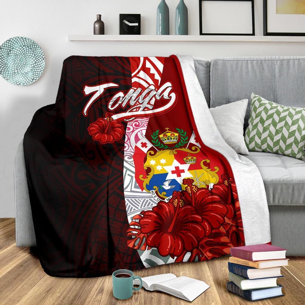 Tonga Polynesian Premium Blanket - Coat Of Arm With Hibiscus