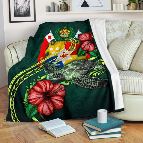 Tonga Polynesian Premium Blanket - Green Turtle Hibiscus
