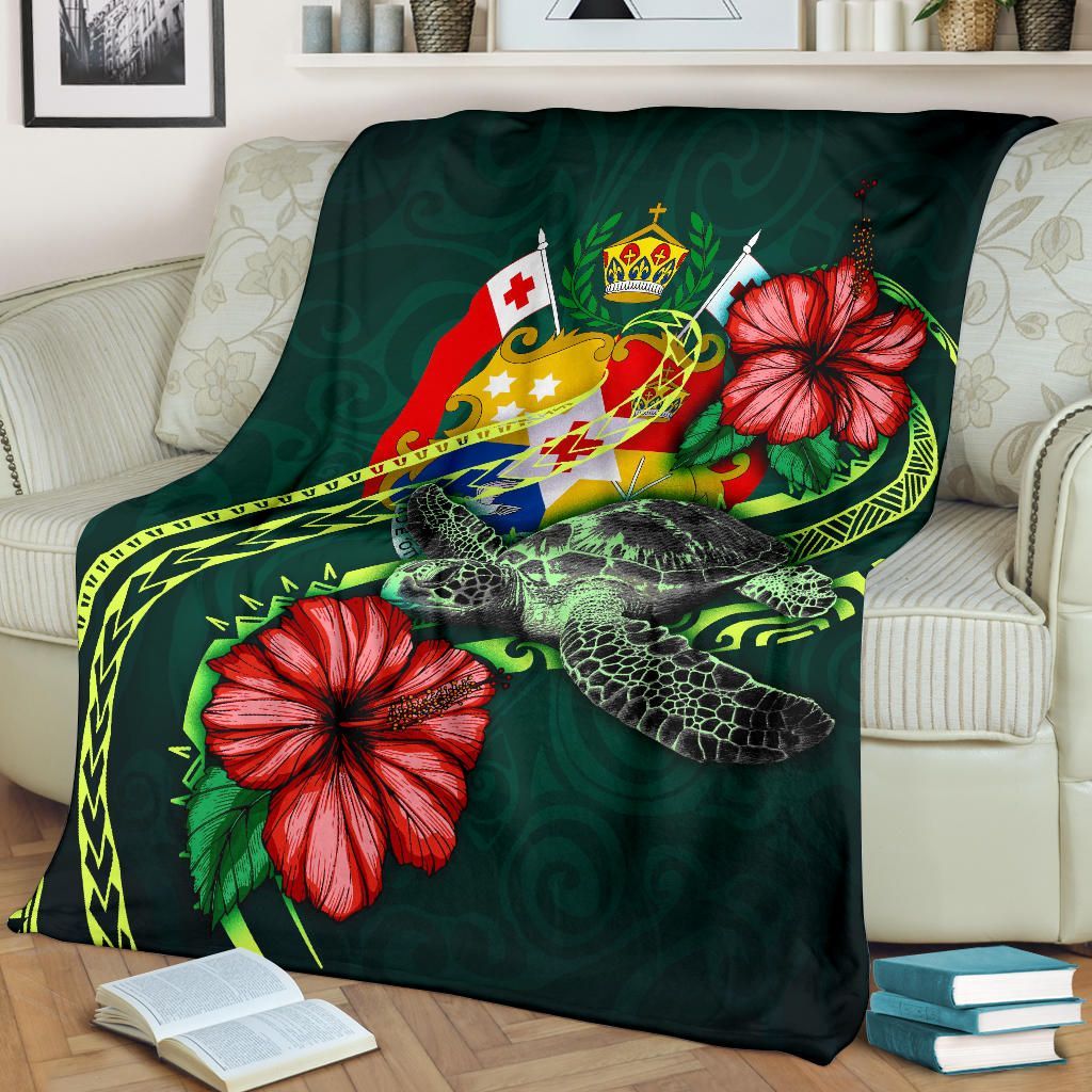 Tonga Polynesian Premium Blanket - Green Turtle Hibiscus
