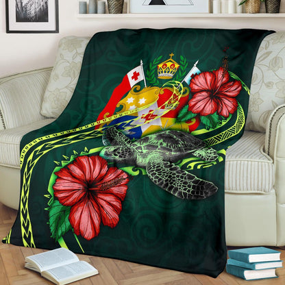 Tonga Polynesian Premium Blanket - Green Turtle Hibiscus