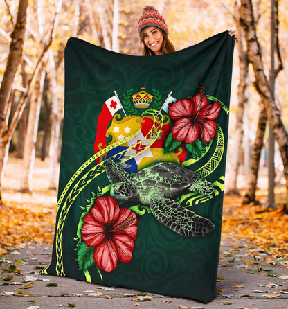 Tonga Polynesian Premium Blanket - Green Turtle Hibiscus