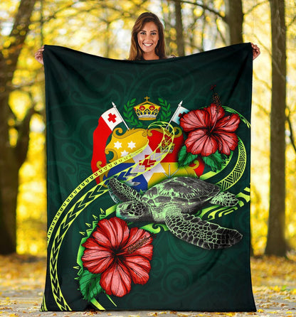 Tonga Polynesian Premium Blanket - Green Turtle Hibiscus
