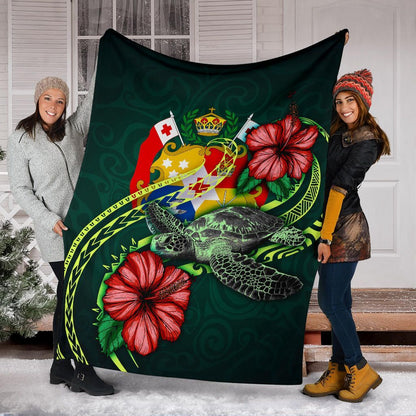 Tonga Polynesian Premium Blanket - Green Turtle Hibiscus