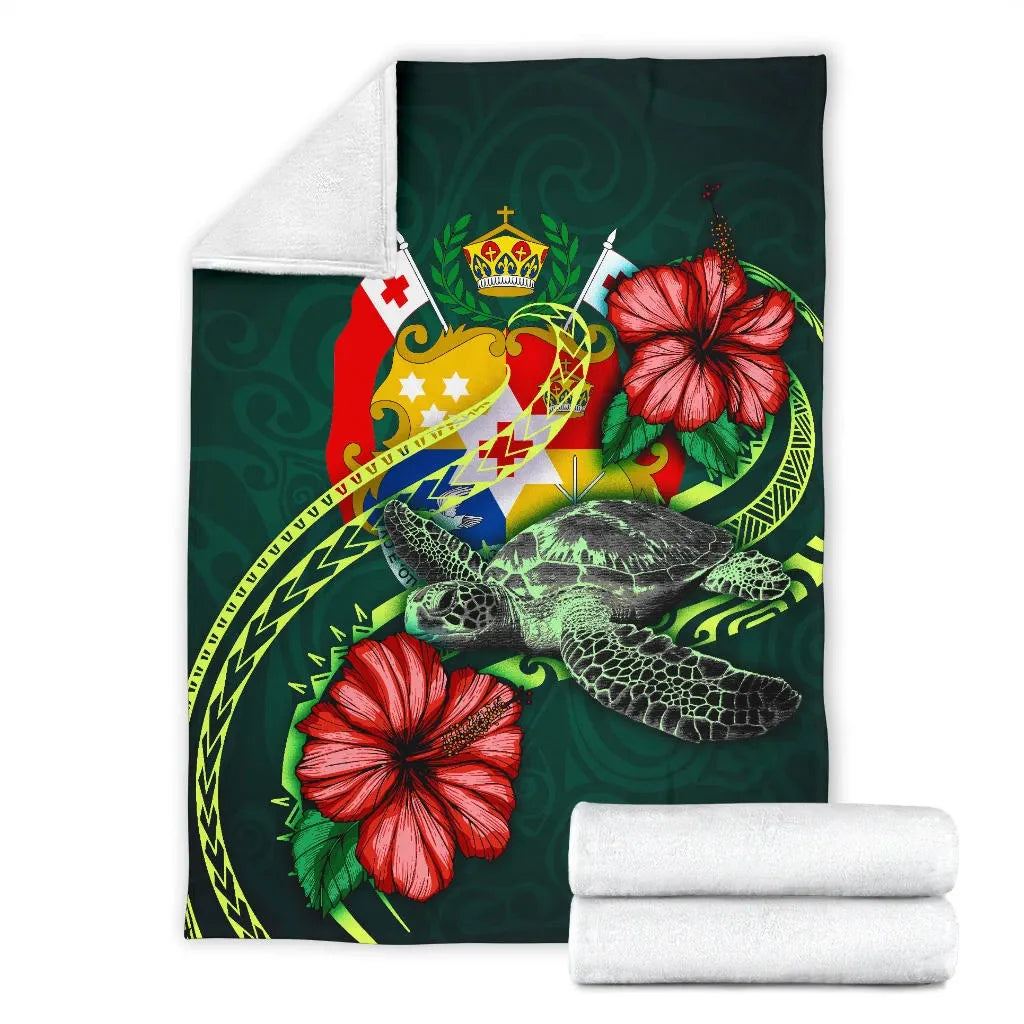 Tonga Polynesian Premium Blanket - Green Turtle Hibiscus