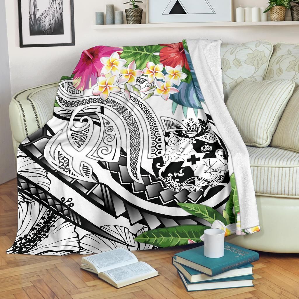 Tonga Polynesian Premium Blanket - Summer Plumeria (White)