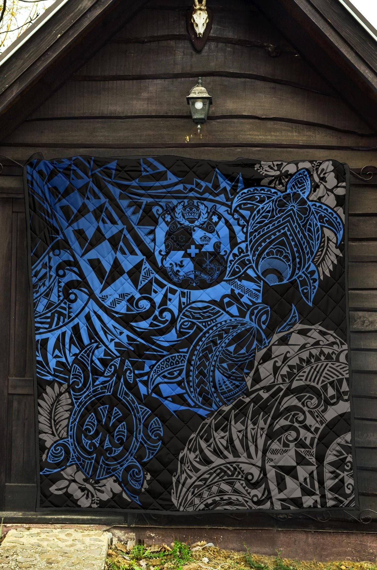 Tonga Polynesian Premium Quilt - Blue Turtle Flowing
