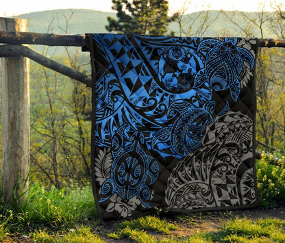 Tonga Polynesian Premium Quilt - Blue Turtle Flowing