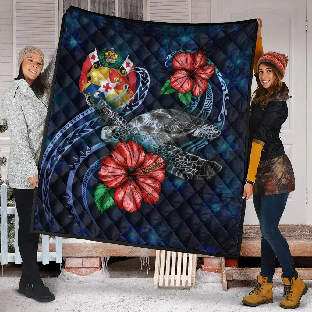 Tonga Polynesian Premium Quilt - Blue Turtle Hibiscus