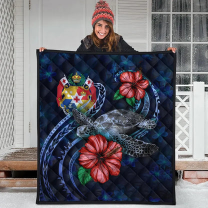 Tonga Polynesian Premium Quilt - Blue Turtle Hibiscus