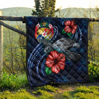 Tonga Polynesian Premium Quilt - Blue Turtle Hibiscus