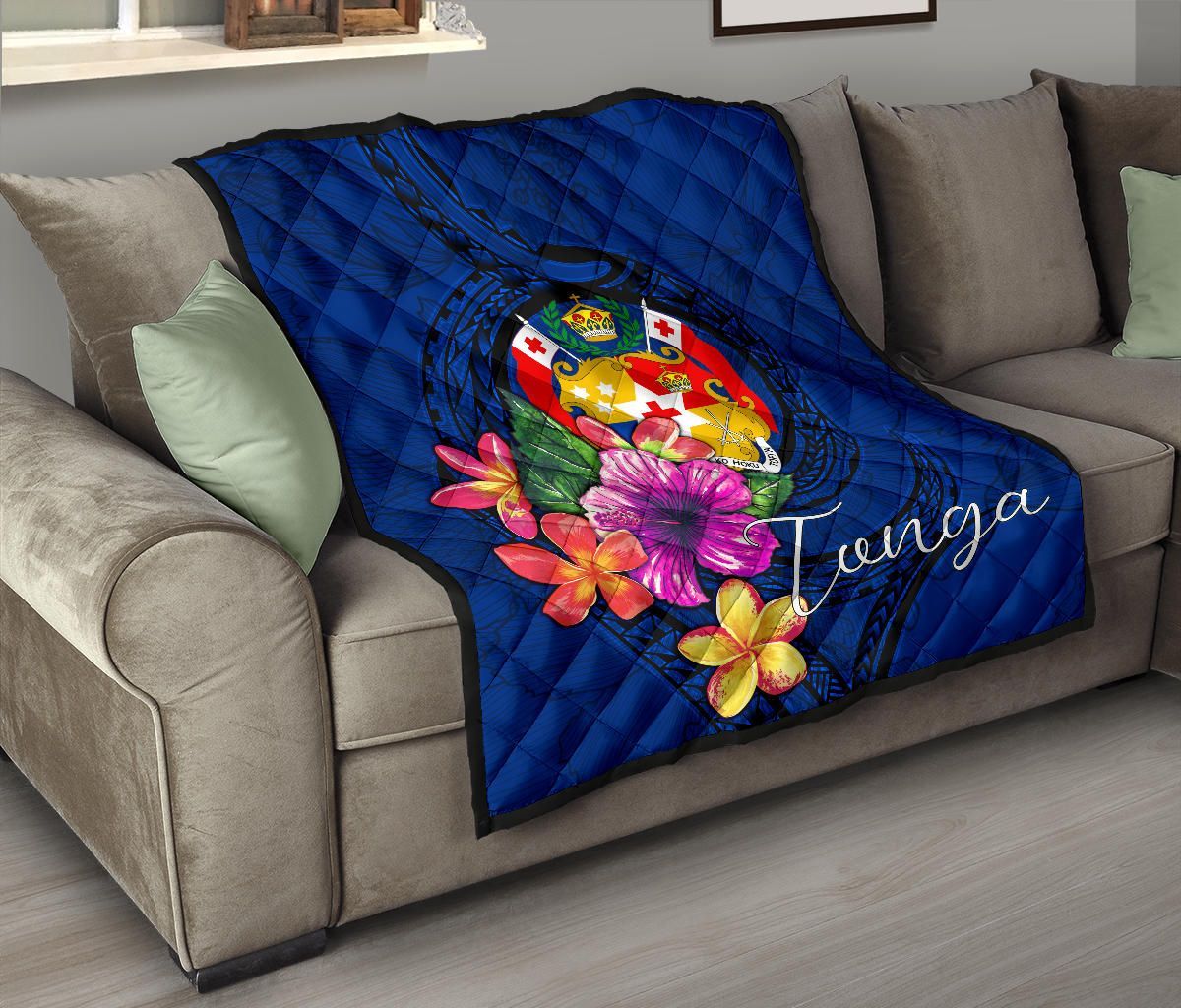 Tonga Polynesian Premium Quilt - Floral With Seal Blue