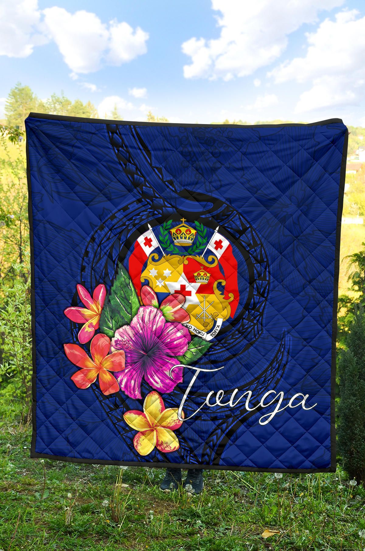 Tonga Polynesian Premium Quilt - Floral With Seal Blue