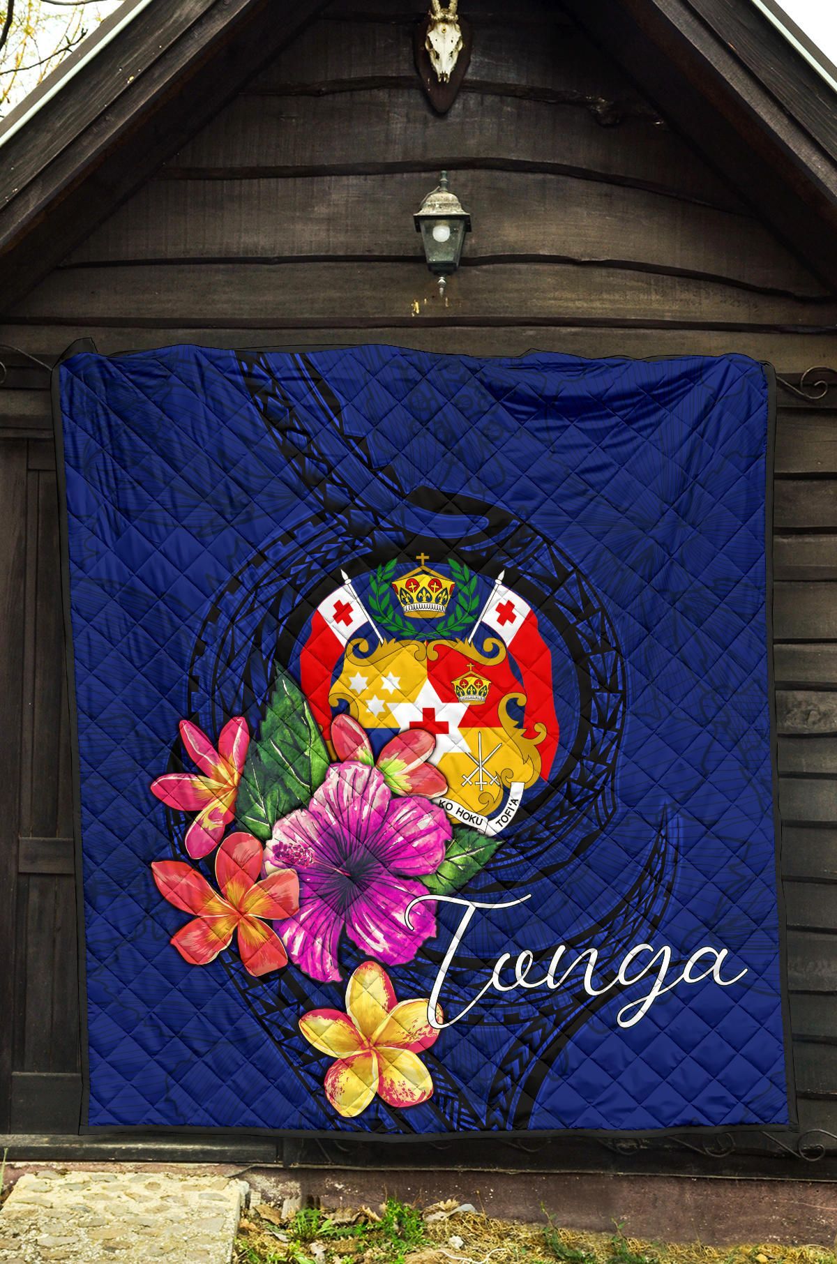 Tonga Polynesian Premium Quilt - Floral With Seal Blue