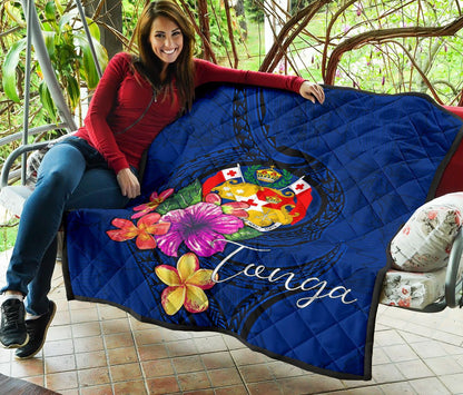 Tonga Polynesian Premium Quilt - Floral With Seal Blue