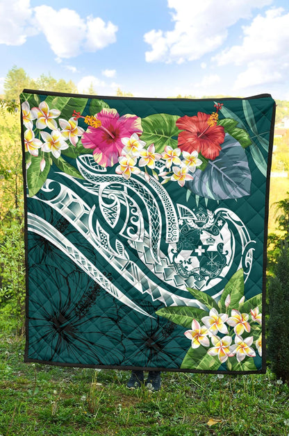 Tonga Polynesian Premium Quilt - Summer Plumeria (Turquoise)