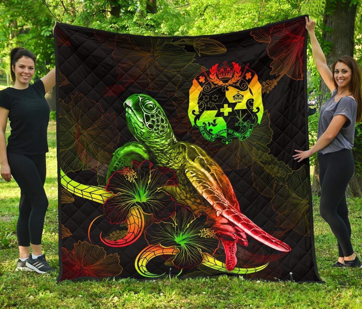 Tonga Polynesian Premium Quilt - Turtle With Blooming Hibiscus Reggae