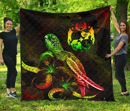 Tonga Polynesian Premium Quilt - Turtle With Blooming Hibiscus Reggae