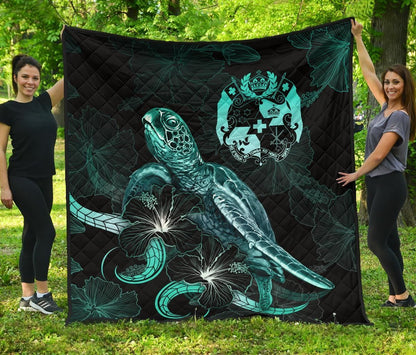 Tonga Polynesian Premium Quilt - Turtle With Blooming Hibiscus Turquoise