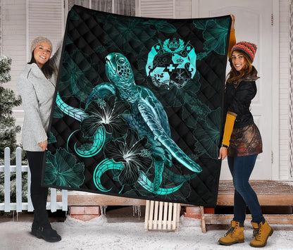 Tonga Polynesian Premium Quilt - Turtle With Blooming Hibiscus Turquoise