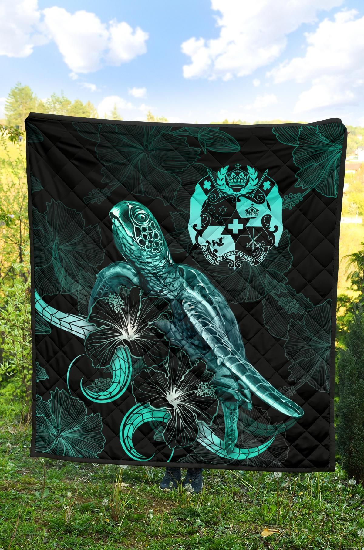 Tonga Polynesian Premium Quilt - Turtle With Blooming Hibiscus Turquoise