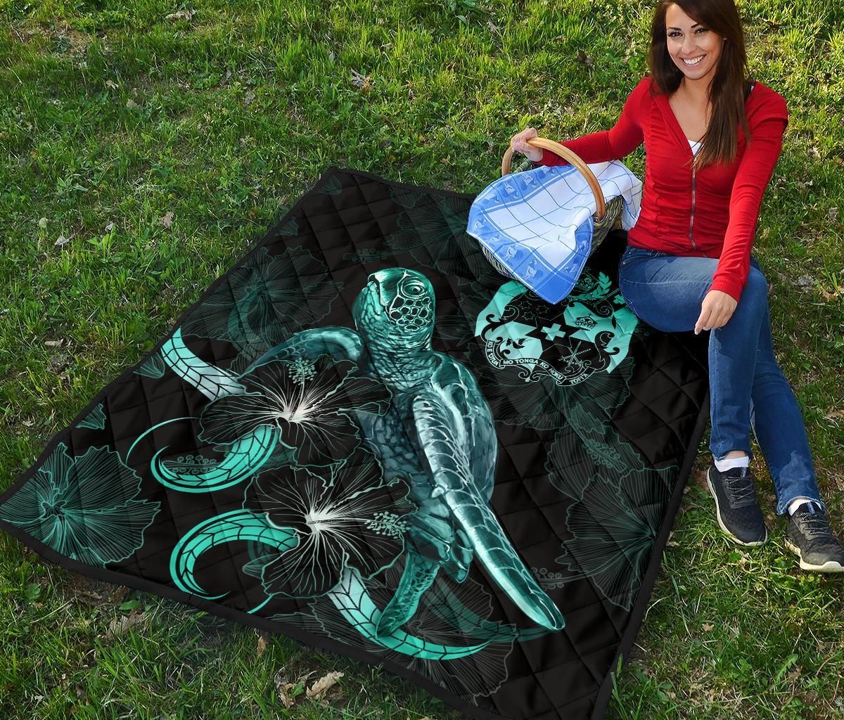 Tonga Polynesian Premium Quilt - Turtle With Blooming Hibiscus Turquoise