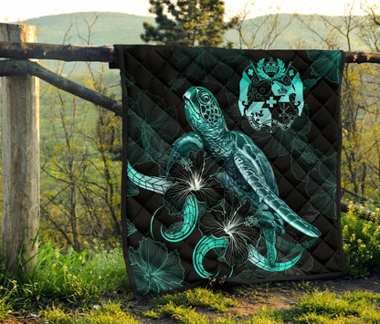 Tonga Polynesian Premium Quilt - Turtle With Blooming Hibiscus Turquoise