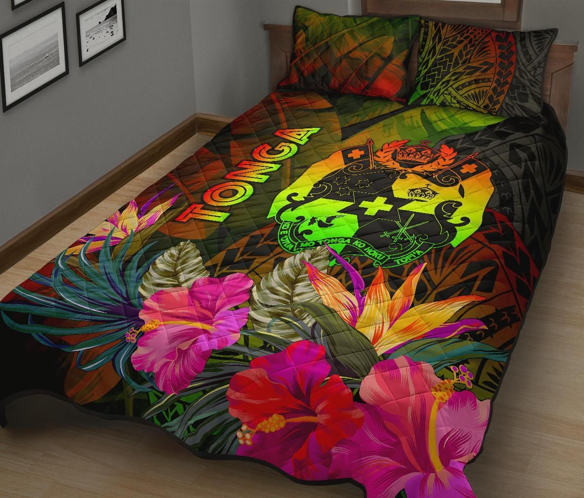 Tonga Polynesian Quilt Bed Set - Hibiscus and Banana Leaves