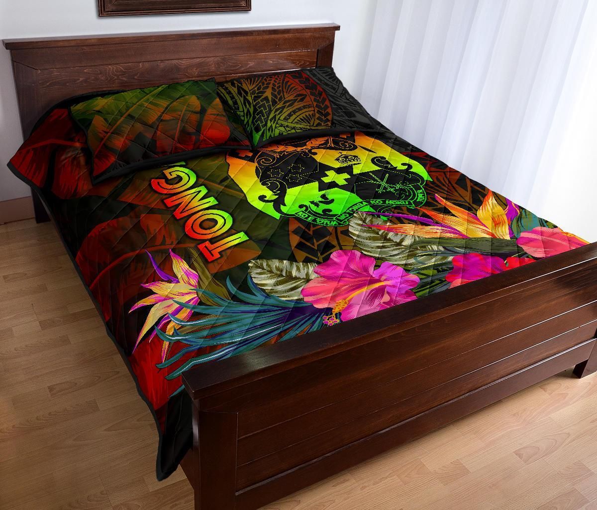 Tonga Polynesian Quilt Bed Set - Hibiscus and Banana Leaves