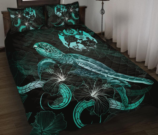 Tonga Polynesian Quilt Bed Set - Turtle With Blooming Hibiscus Turquoise