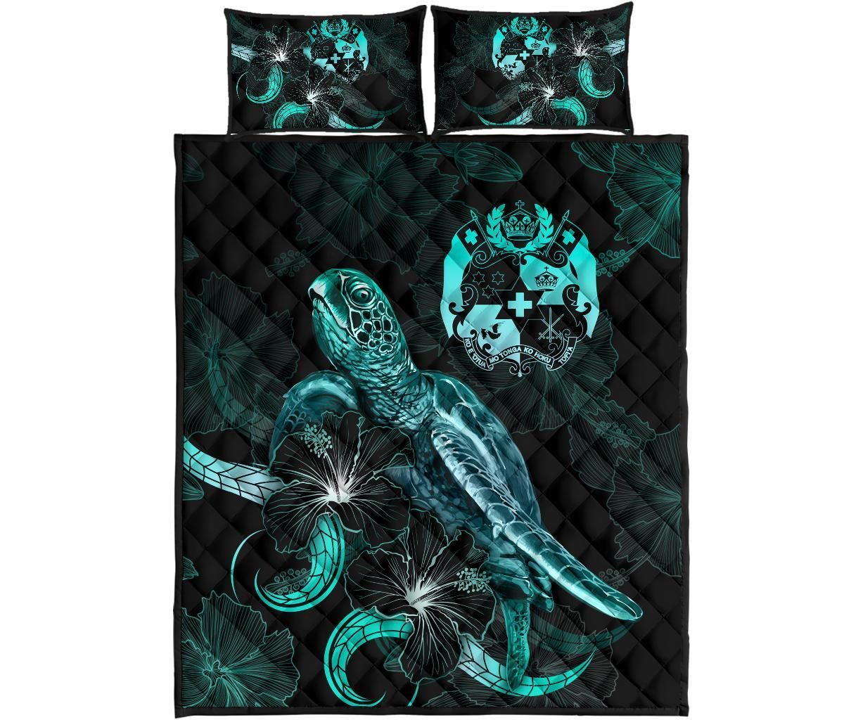 Tonga Polynesian Quilt Bed Set - Turtle With Blooming Hibiscus Turquoise