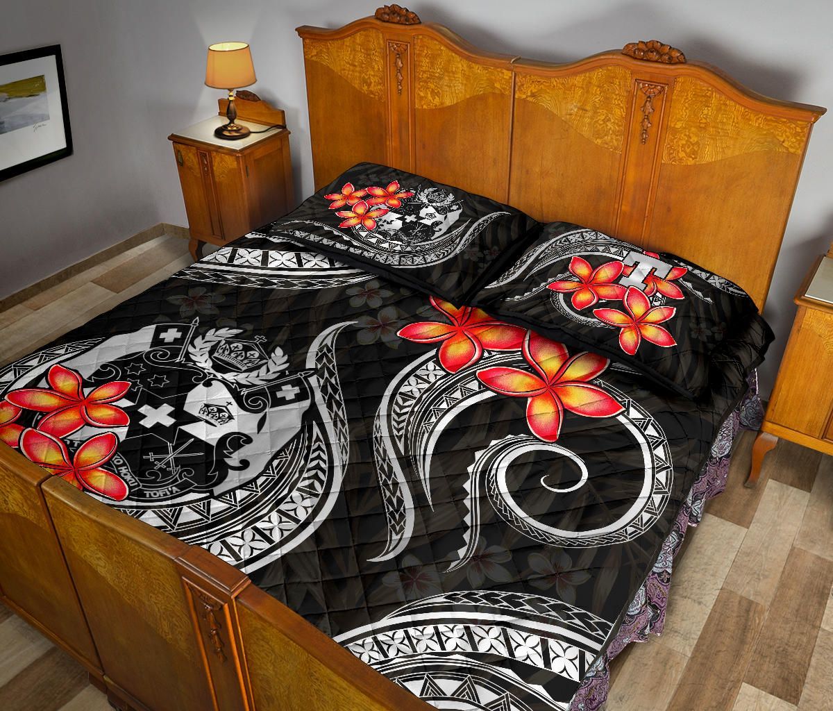Tonga Polynesian Quilt Bed Set - White Plumeria
