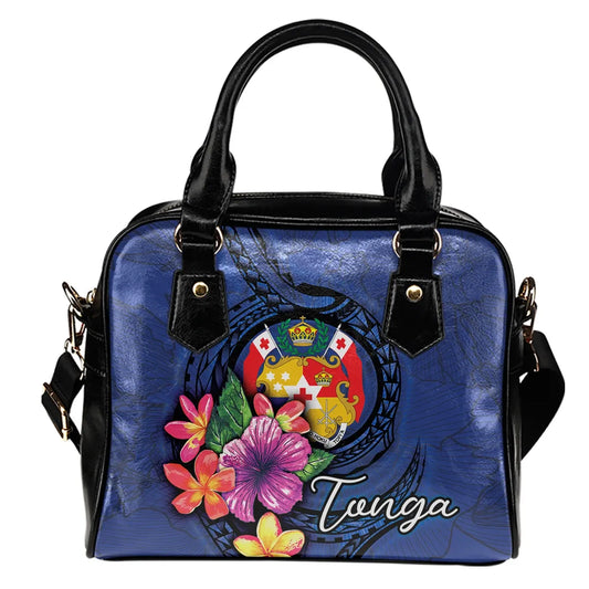 Tonga Polynesian Shoulder Handbag - Floral With Seal Blue