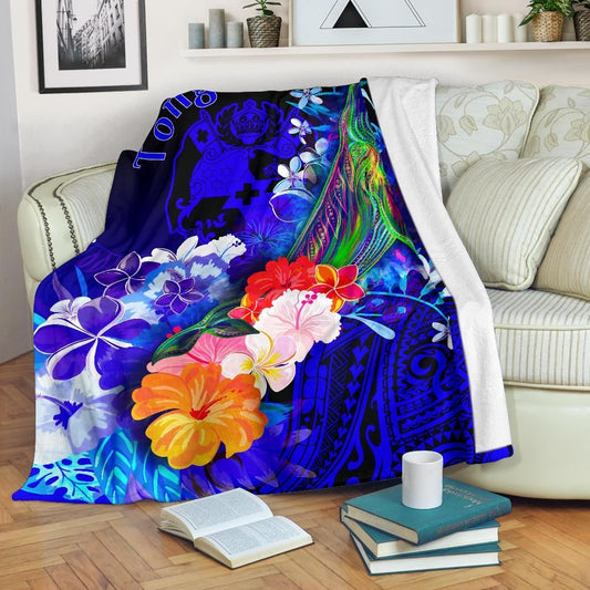 Tonga Premium Blanket - Humpback Whale with Tropical Flowers (Blue)