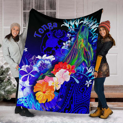 Tonga Premium Blanket - Humpback Whale with Tropical Flowers (Blue)