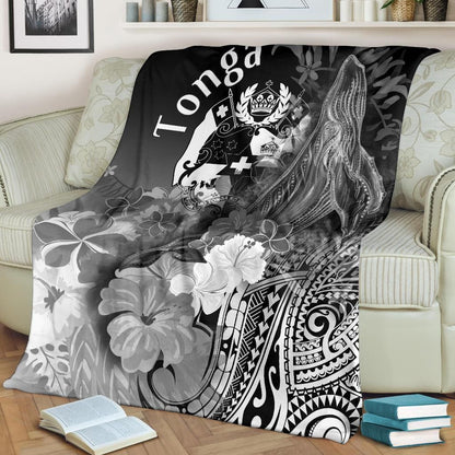Tonga Premium Blanket - Humpback Whale with Tropical Flowers (White)