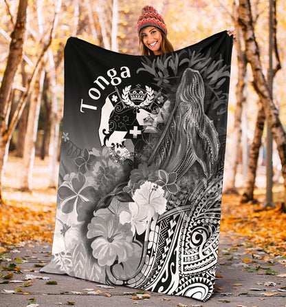 Tonga Premium Blanket - Humpback Whale with Tropical Flowers (White)
