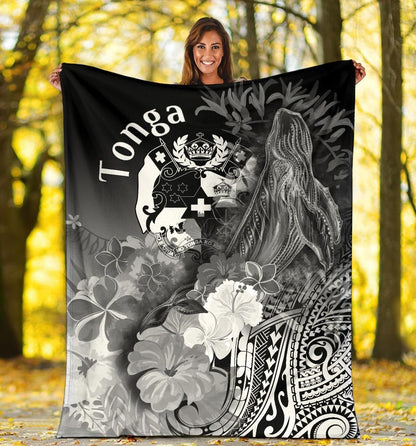 Tonga Premium Blanket - Humpback Whale with Tropical Flowers (White)