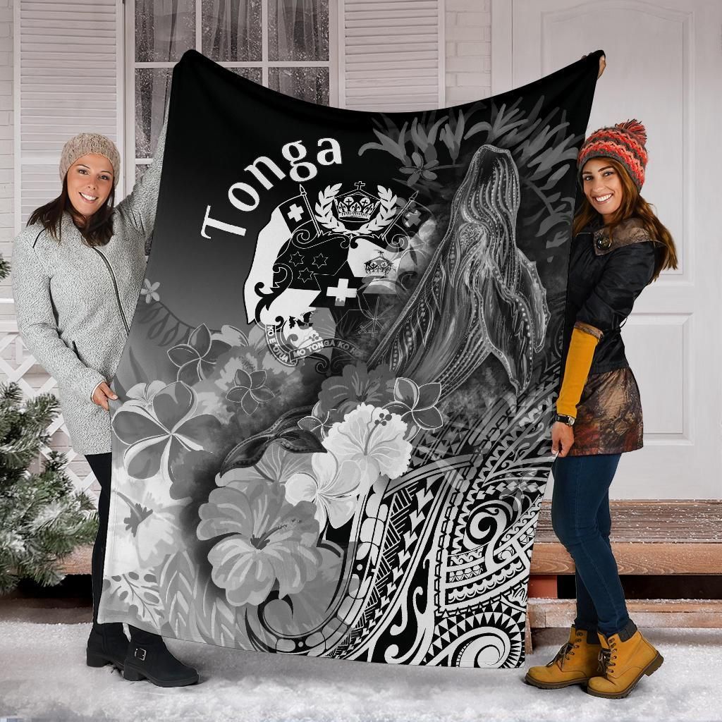 Tonga Premium Blanket - Humpback Whale with Tropical Flowers (White)