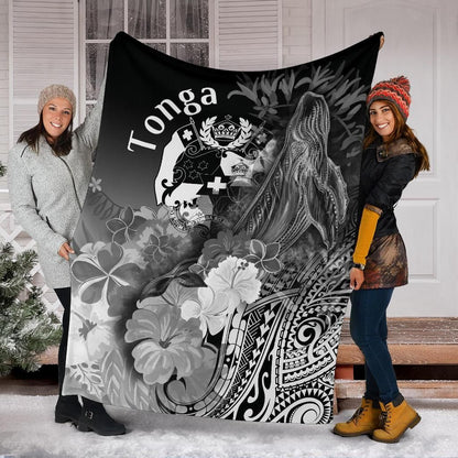 Tonga Premium Blanket - Humpback Whale with Tropical Flowers (White)