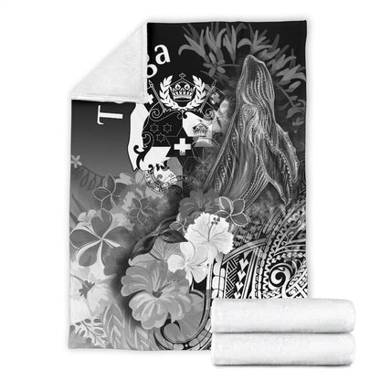 Tonga Premium Blanket - Humpback Whale with Tropical Flowers (White)